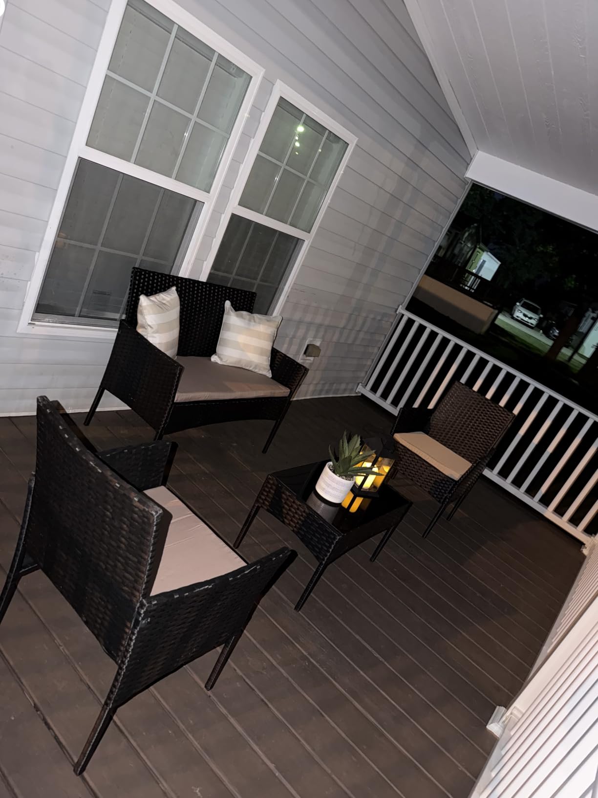 4 Pieces Patio Furniture Set Outdoor Conversation Set Rattan Furniture Set Wicker Chairs and Sofa with Glass Table for Porch Pool Backyard Garden, Navy Blue customer photo 1