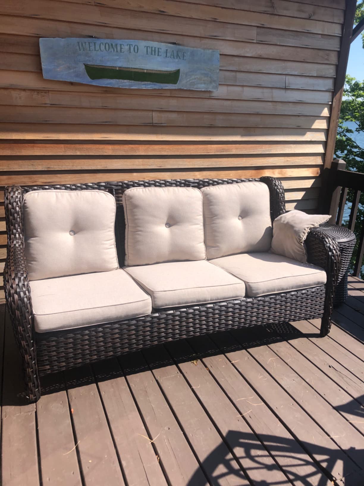 Outdoor Patio Wicker Sofa, 900Lbs Weight Capacity Large 3 Seater Wicker Patio Couch with 4in Seat Cushions and Deep Seating, All Weather for Backyard, Garden, Poolside (Mixed Grey/Blue) customer photo 1