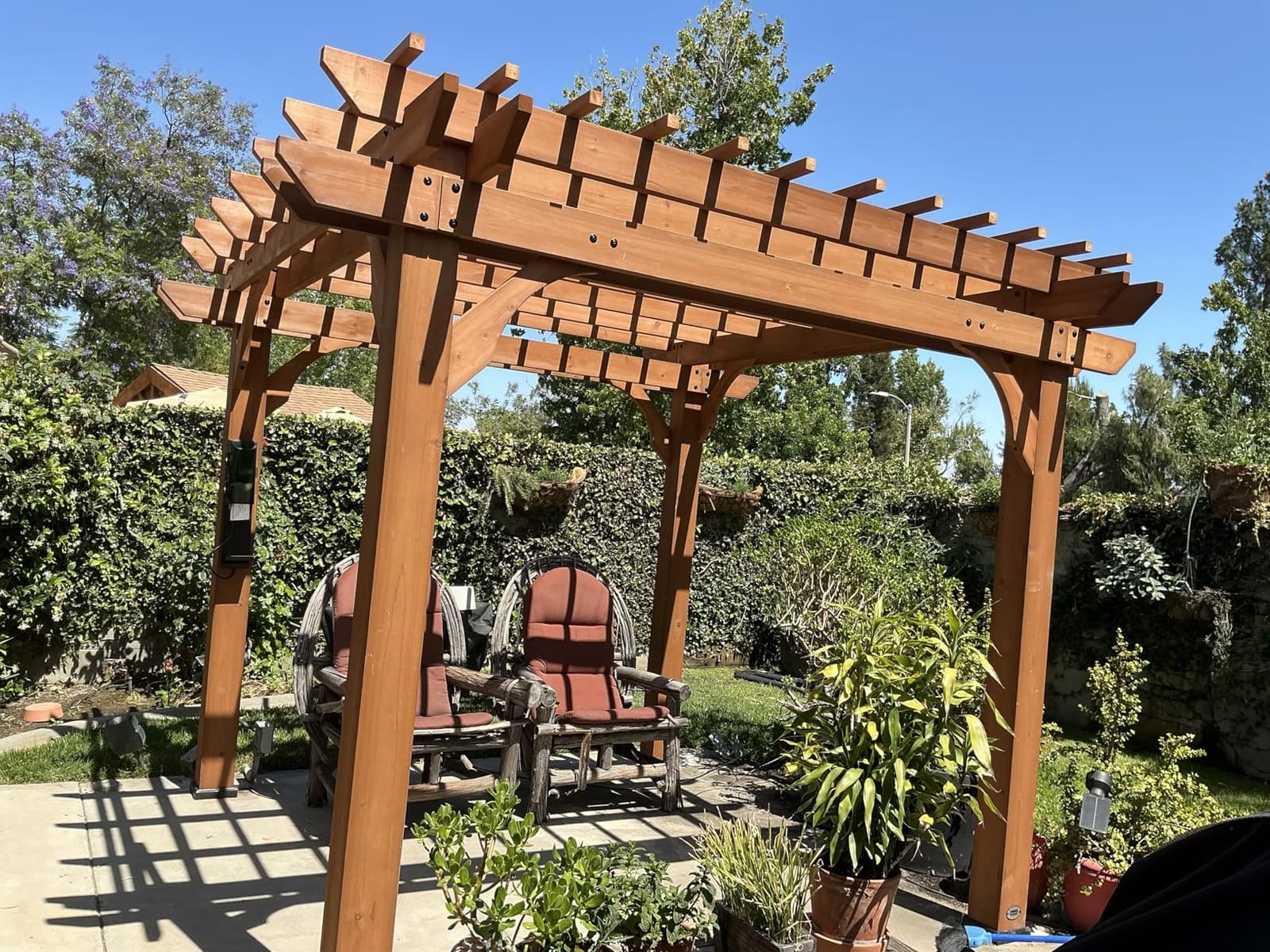 Backyard Discovery Beaumont 12' x 12' Traditional Cedar Wood Pergola Kit with Trellis Roof, All-Season Durability, High-Wind Rating, PowerPort, Shade for Outdoor Patio, Deck, Garden, and Entertaining customer photo 2