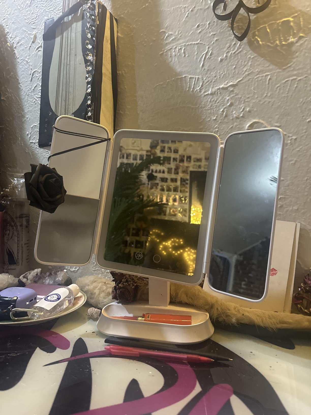 GOMIPURU Vanity Mirror with Lights, Lighted Makeup Mirror with 30X/10X/5X Magnification, Rechargeable Trifold Mirror with 3 Color&Adjustable Brightness, Travel Makeup Mirror with Lights for Desk,Gifts customer photo 1
