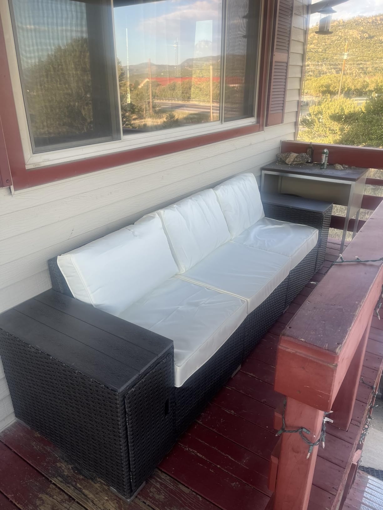 Outsunny 3 Seater Wicker Sofa with 2 Storage Side Tables Cream White/Brown | Thickened Cushions, Wide Armrests, Rattan Patio Sofa, Outdoor Couch, Porch Garden Backyard customer photo 2