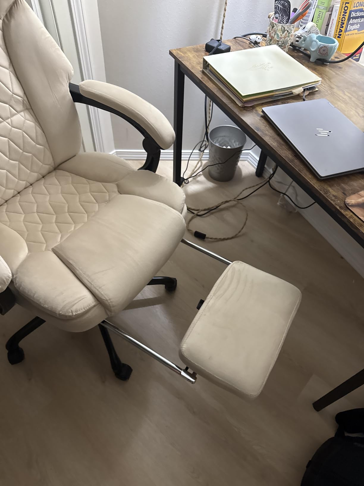 Massage Office Chair with Foot Rest 6 Points Vibration and Heat Home Office Desk Chairs for Heavy People 400lbs Reclining Managerial Chairs Ergonomic Executive Chair (Cream) customer photo 1