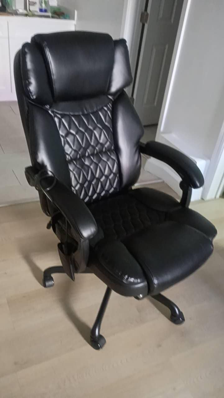Massage Office Chair with Foot Rest 6 Points Vibration and Heat Home Office Desk Chairs for Heavy People 400lbs Reclining Managerial Chairs Ergonomic Executive Chair (Cream) customer photo 2