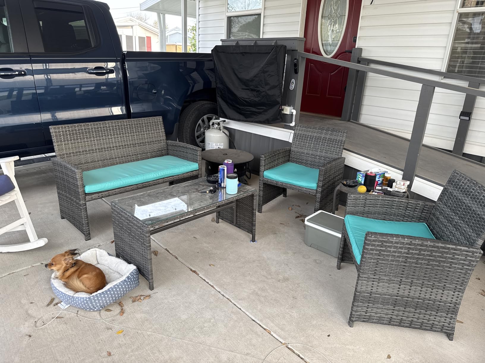 4 Piece Patio Ratten Set Outdoor Furniture Set Wicker Conversation Sets with Cushions and Tempered Glass Tabletop, Blue customer photo 1