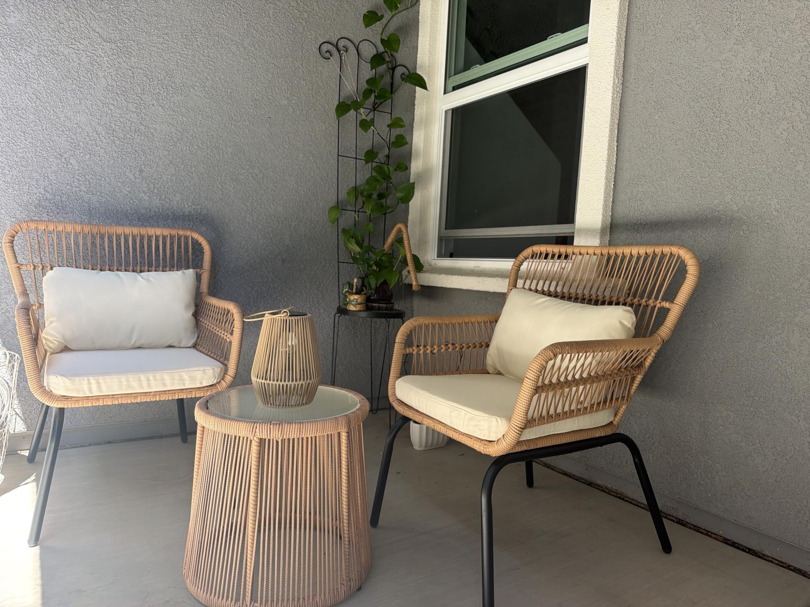 3 Piece Outdoor Wicker Furniture Bistro Set, Rattan Chairs Conversation Sets Wicker Patio Furniture for Balcony Poolside Backyard, Yellow/Beige customer photo 2