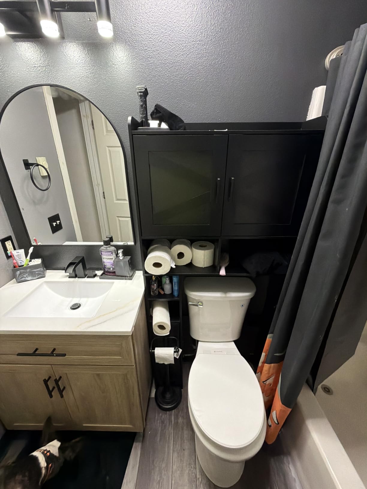 Homhedy Wooden Over The Toilet Storage Cabinet with Barn Door | Freestanding Bathroom Storage, Toilet Paper Holder, Adjustable Shelf, Space-Saving, Farmhouse Style, Black customer photo 1