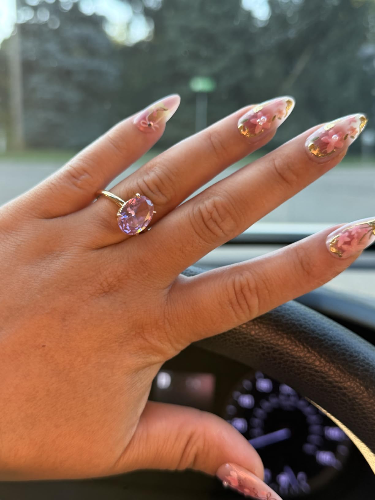 24Pcs Flower Press on Nails Medium Almond Fake Nails 3D Floral with Gold Pearl Rhinestones Glitter Glossy Design Orange Full Cover Stick on Nails Spring Summer False Nails for Women Acrylic Nails customer photo 1