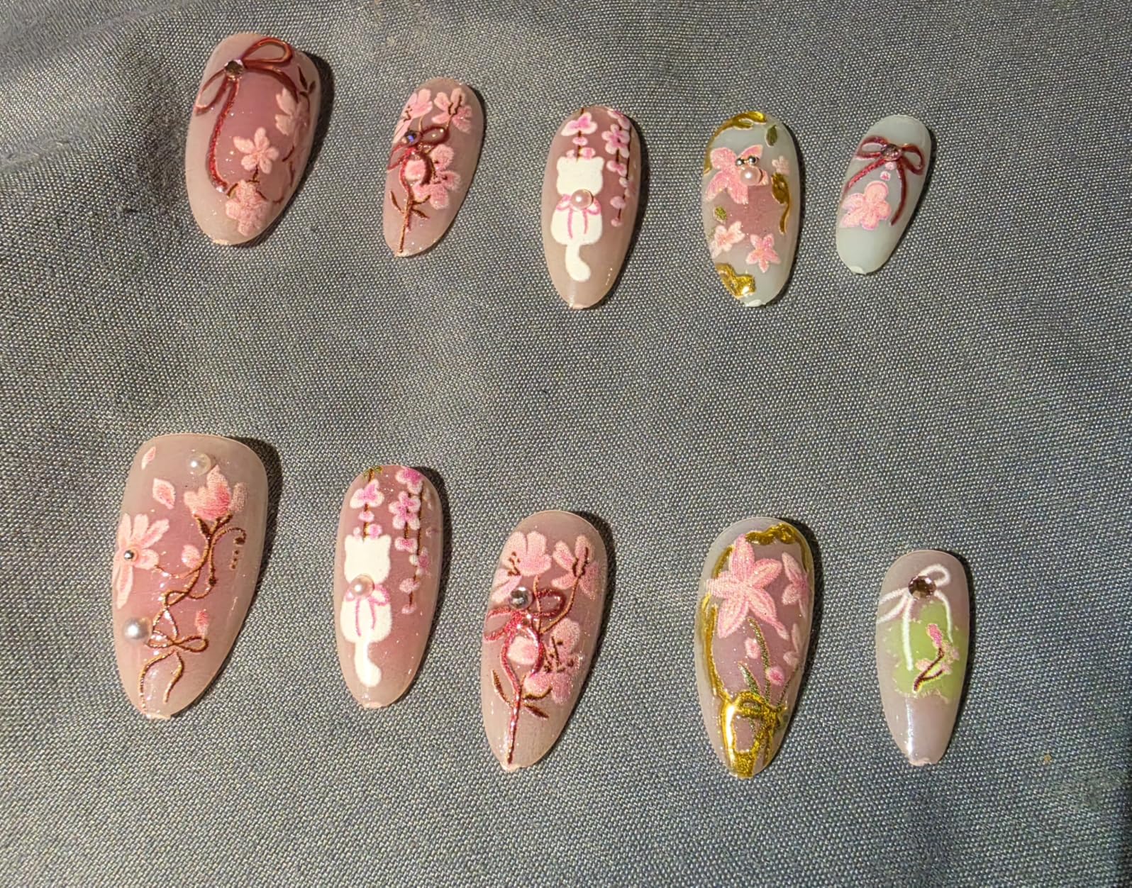 24Pcs Flower Press on Nails Medium Almond Fake Nails 3D Floral with Gold Pearl Rhinestones Glitter Glossy Design Orange Full Cover Stick on Nails Spring Summer False Nails for Women Acrylic Nails customer photo 2
