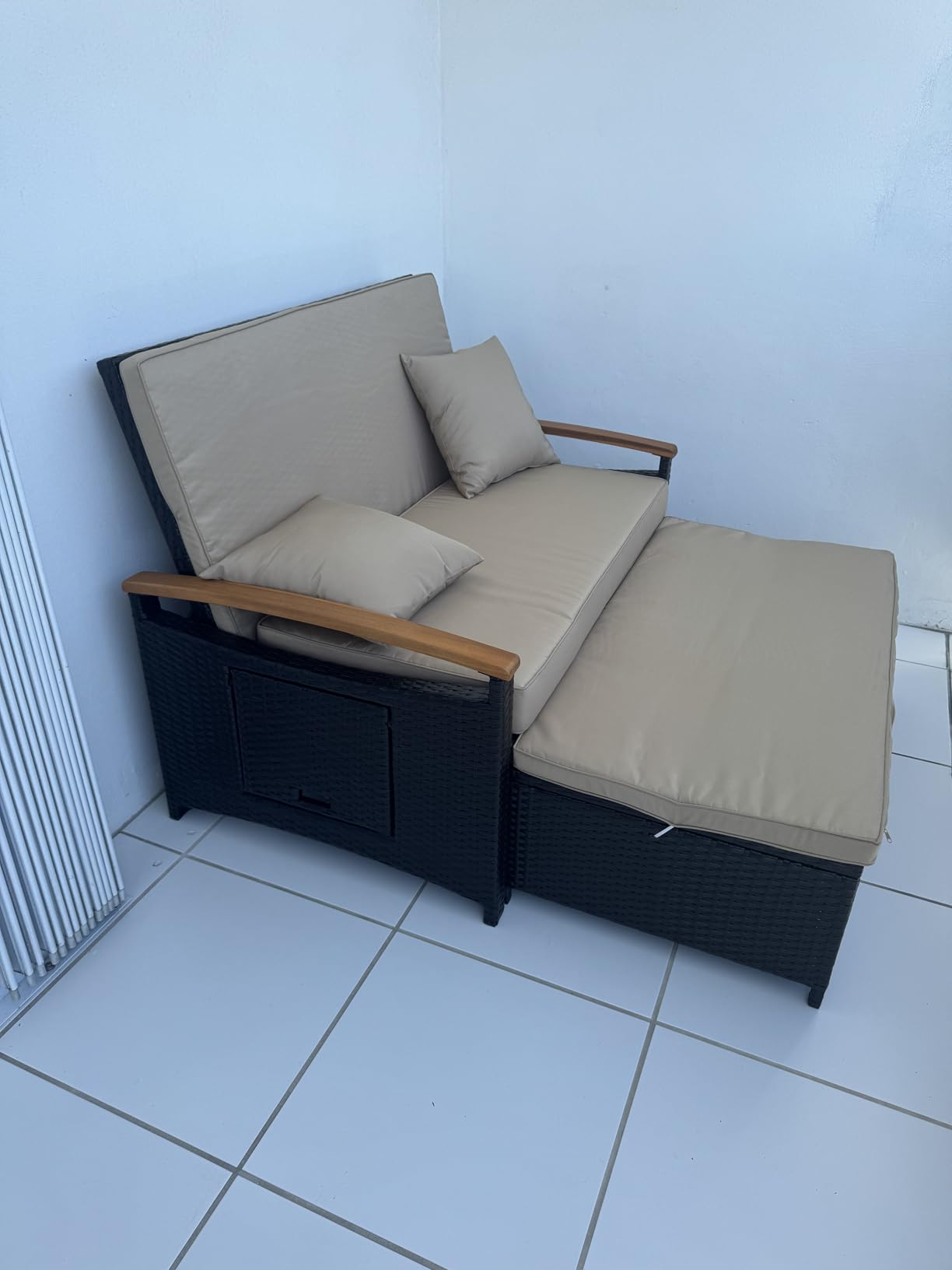 COSTWAY Patio Rattan Daybed, Outdoor Loveseat Sofa with Storage Ottoman | 4-Level Adjustable Backrest & Acacia Wood Armrest, Outdoor Wicker Daybed with Side Panels for Yard, Deck, Poolside (Beige) customer photo 2