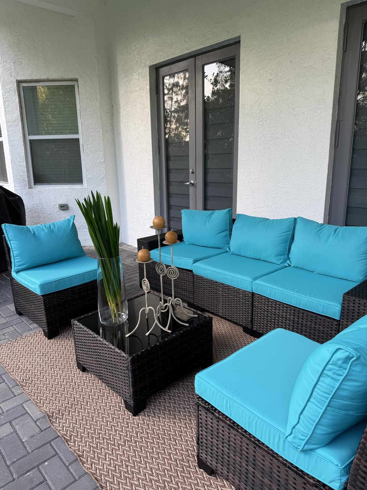 ALAULM 4 Pieces Patio Furniture Set Outdoor Patio Conversation Set Wicker Chairs w/Soft Cushions and Glass Coffee Table Outdoor Settees for Backyard, Porch, Poolside(Dark Blue) customer photo 2