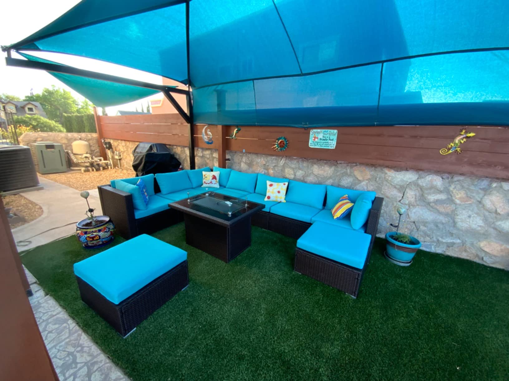 NICESOUL 13 Piece Outdoor Furniture with Fire Pit, Large Patio Couch Set with Fire Pit Table & Chaise Lounge, Modular Sectional Patio Sofa 500 lbs Heavyduty 10-Seat Group, Gray & Turquoise customer photo 2