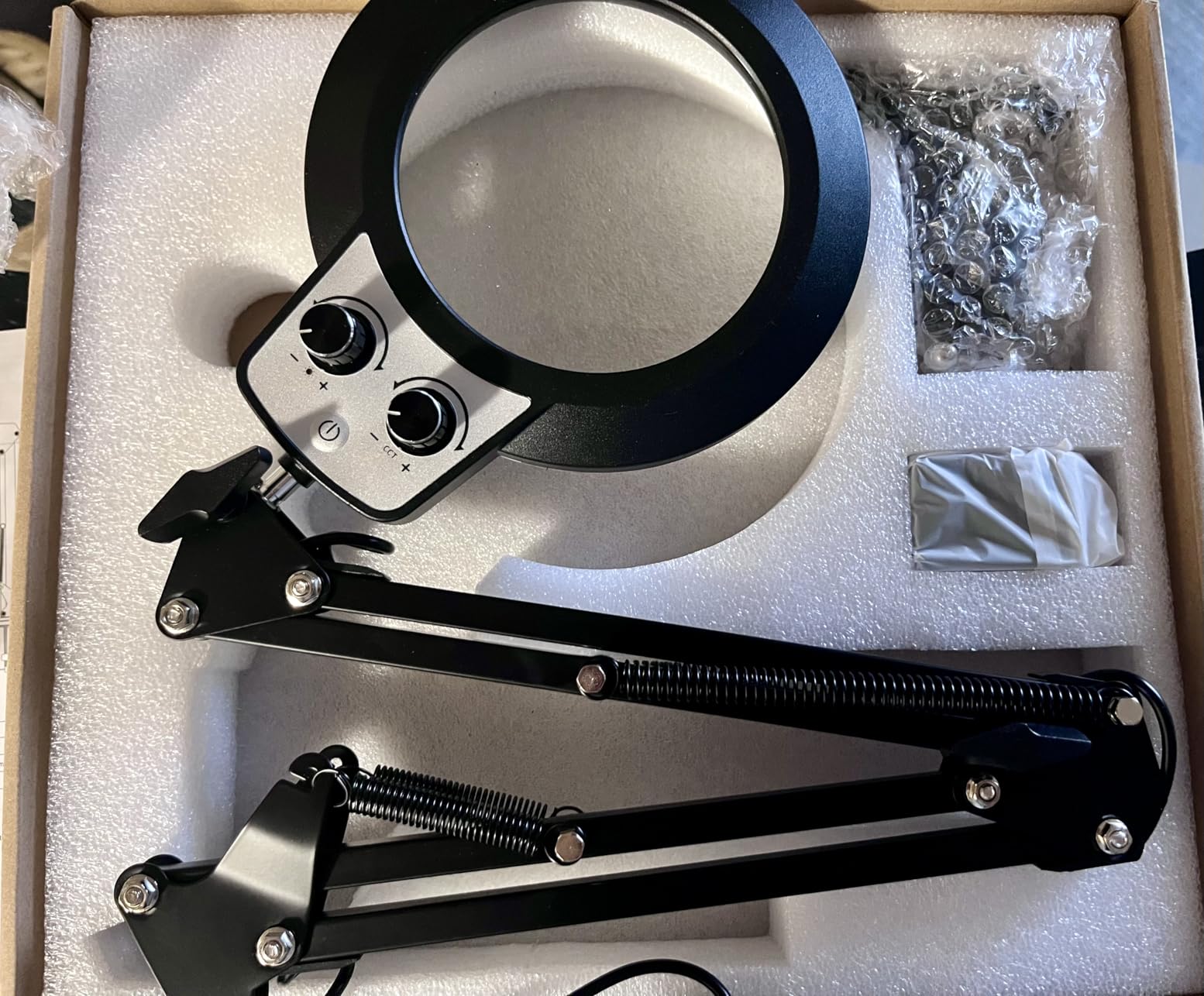 KIRKAS 12X Magnifying Glass with Light and Stand, Extra-Long Arm Knob | Magnifying Lamp for Workbench Craft, Sewing, LED Lighted Magnifier Real Glass Lens Stepless Dimming and Color (35in Clamp) customer photo 2