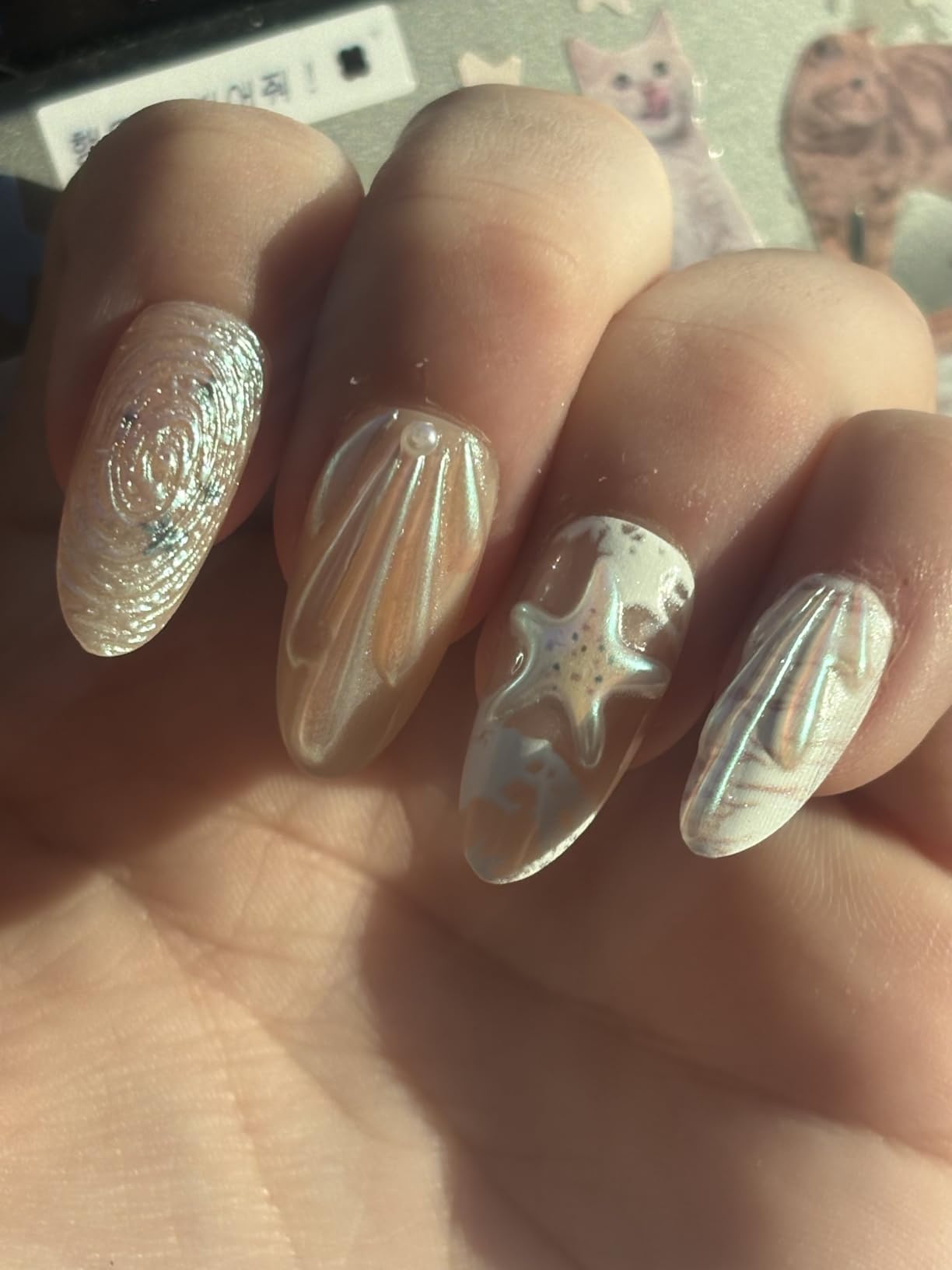24Pcs French Tip Press on Nails Medium Almond Fake Nails with 3D Flower Gold Beads Designs Pink Yellow Floral Acrylic Nail Tips Full Cover Summer Fall False Nails Cute Flowers Stick on Nails for Women customer photo 1
