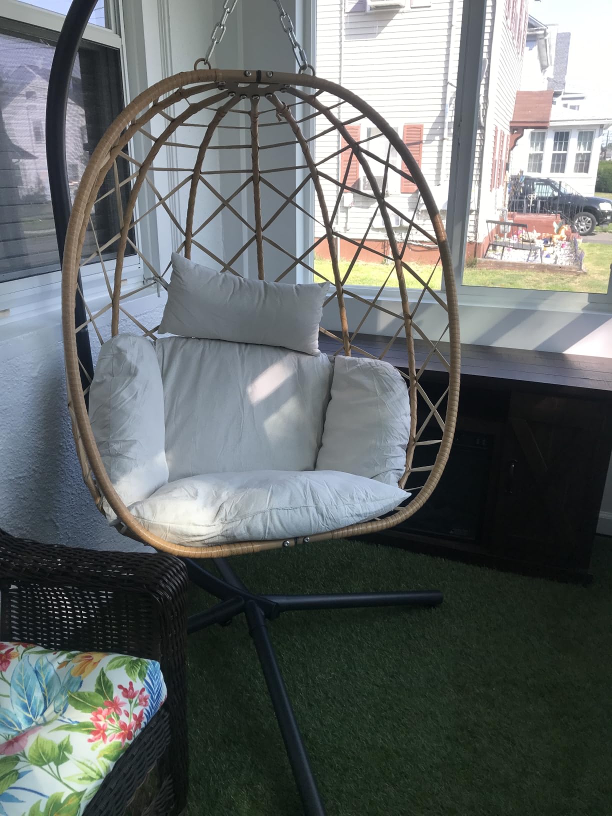 SWITTE Hanging Egg Chair with Stand Outdoor, Wicker Patio Swing, Grey | Indoor Comfy Swinging Chair with Cushion, 400 LBS Capacity, Heavy Duty Egg Shaped Hammock Chairs for Outside Porch, Bedroom customer photo 1