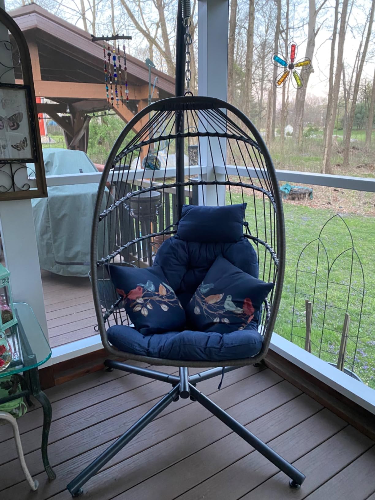 SWITTE Hanging Egg Chair with Stand Outdoor, Wicker Patio Swing, Grey | Indoor Comfy Swinging Chair with Cushion, 400 LBS Capacity, Heavy Duty Egg Shaped Hammock Chairs for Outside Porch, Bedroom customer photo 2