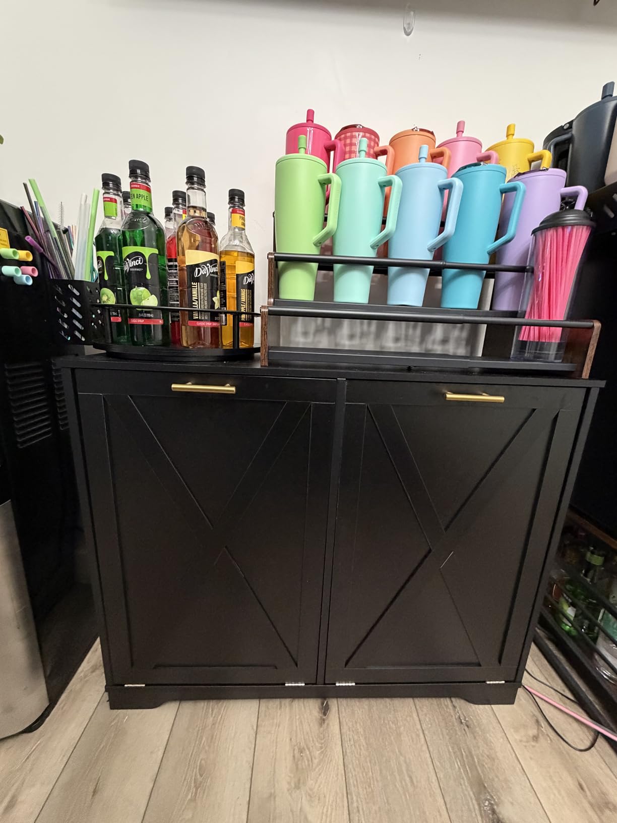 Double Tilt Out Trash Can Cabinet, Wooden Farmhouse Kitchen Garbage Bin Enclosure with Negative Ion Odor Control, Hidden Dog Proof Trash or Laundry Basket Storage for Laundry Room, Grey customer photo 2