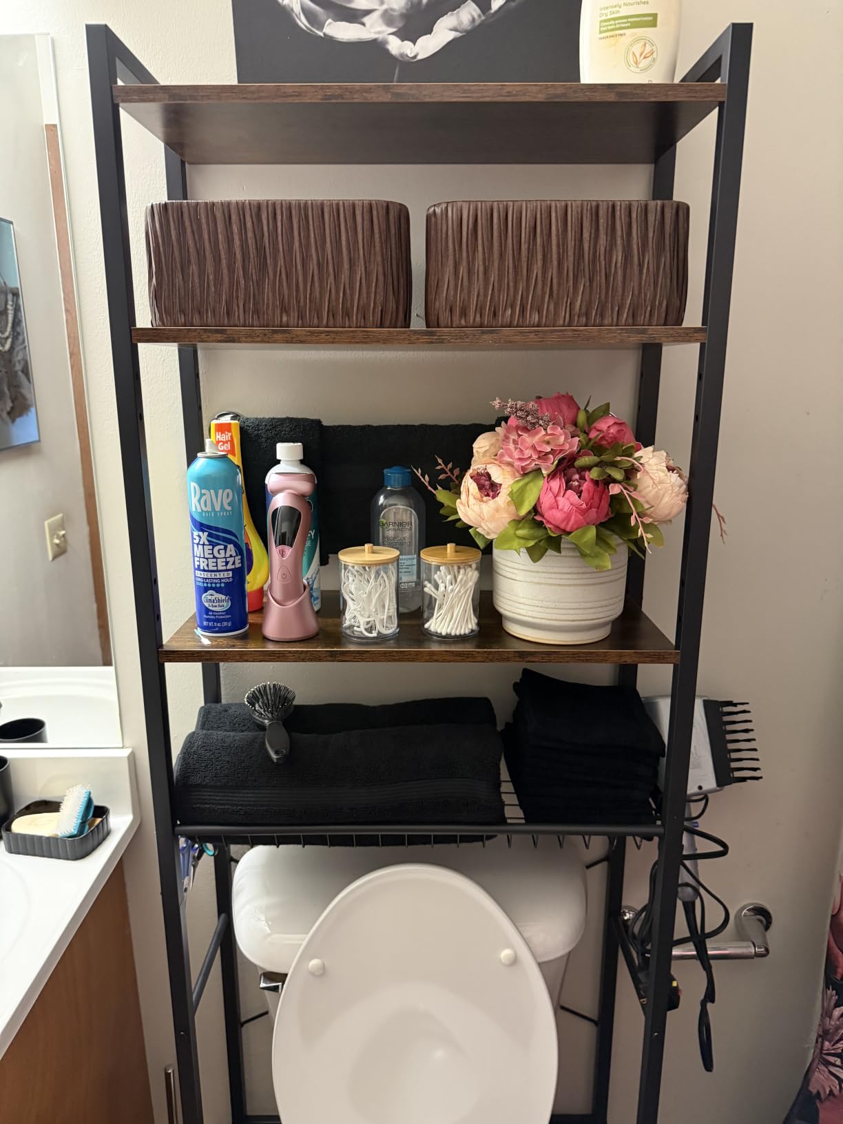 VASAGLE 4-Tier Over the Toilet Storage, Adjustable Shelves, Basket, 68.1''H | Bathroom Organizer, Space Saving, 3 Hooks, 9.4 x 23.6 x 68.1 Inches, Rustic Brown, BARNET Collection UBTS114KD01S customer photo 1