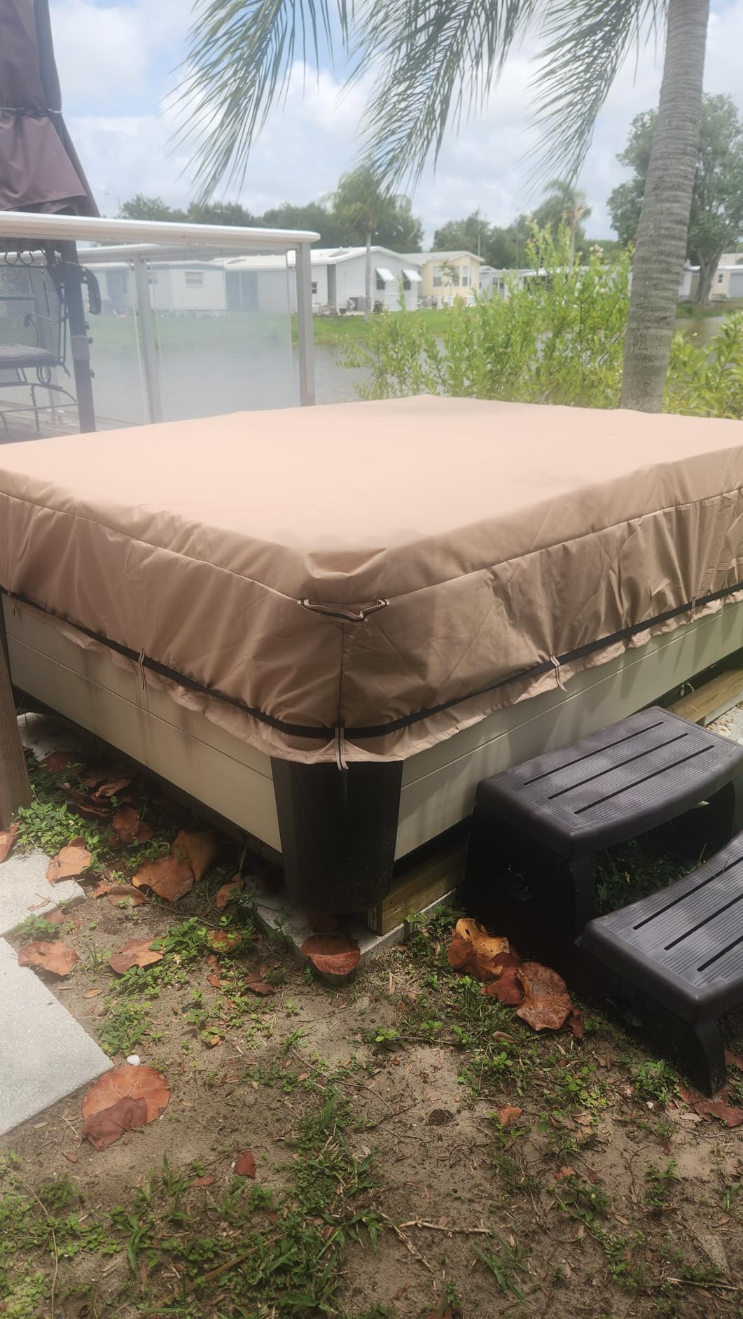 QH.HOME 85x85 Square Hot Tub Cover, 1000D IP65 Waterproof | Fits 84x84, 83x83, 82x82 and 7 ft x 7 ft hot tubs. UV and fade resistant; ratchet straps help keep it secure in wind. Wheat customer photo 2