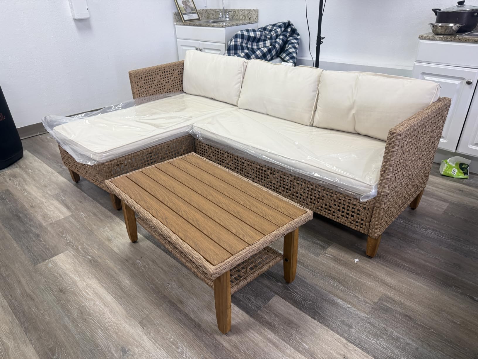 PHI VILLA Outdoor Sectional Couch, Small L-Shaped Patio Sofa Sets, Beige | 4 Seats Wicker Patio Furniture Set with Coffee Table, Rattan Outdoor Conversation Set for Deck Porch customer photo 2