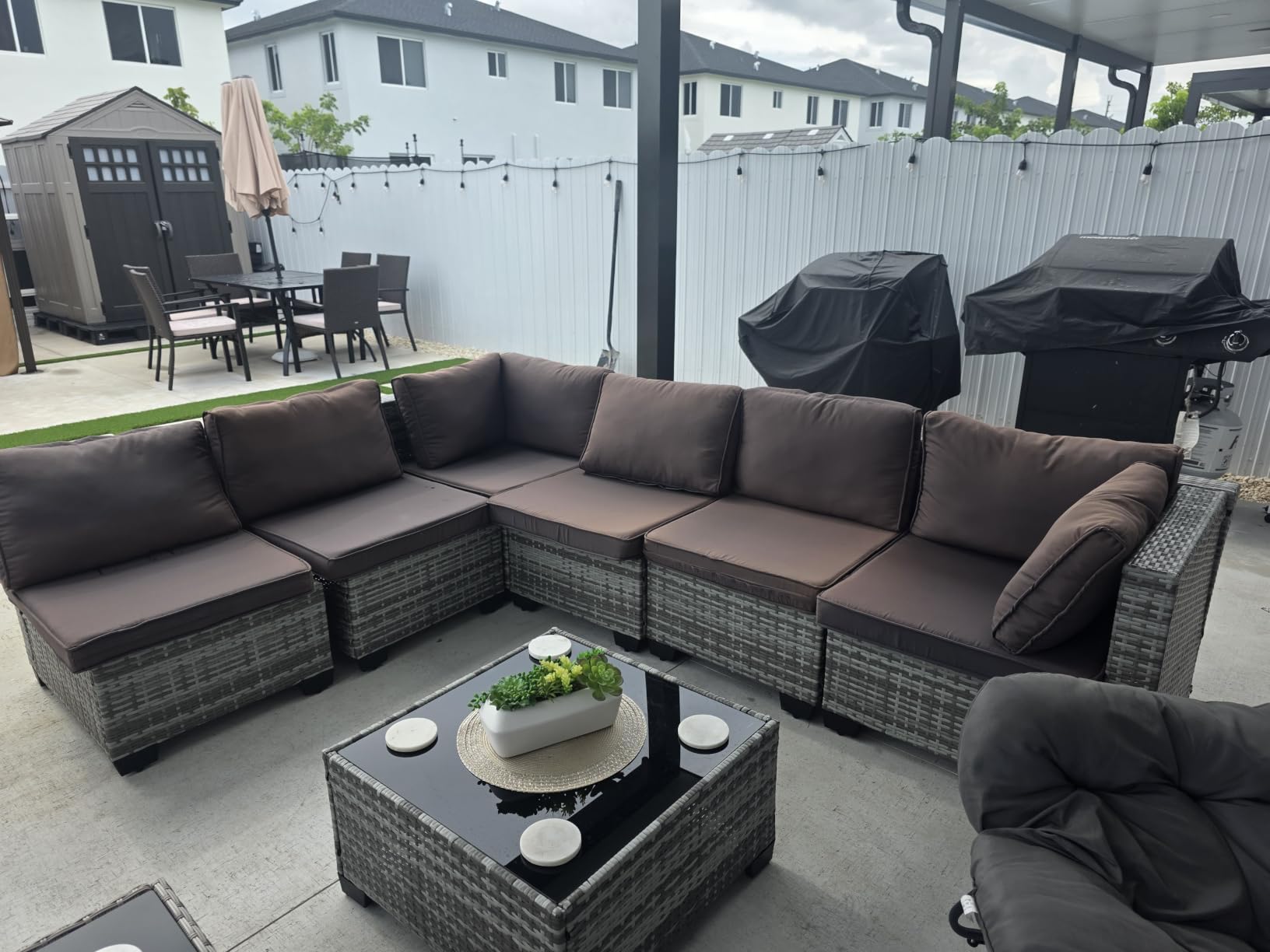 6-Seat Modern Outdoor Wicker Rattan Patio Furniture Set with 55,000 BTU Fire Pit Table, Thick 4