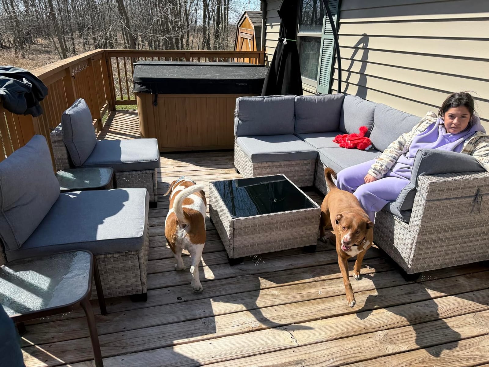 6-Seat Modern Outdoor Wicker Rattan Patio Furniture Set with 55,000 BTU Fire Pit Table, Thick 4