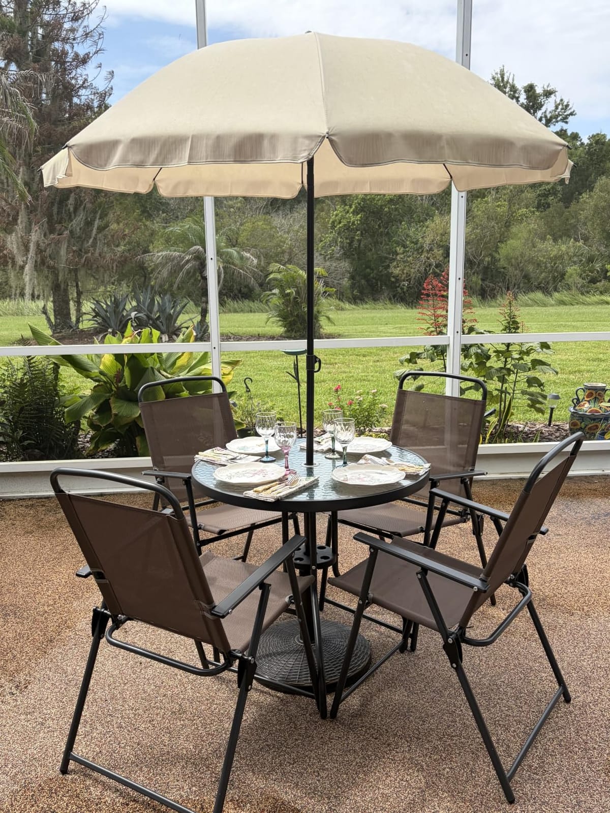 Shintenchi 6 Piece Patio Dining Set with Umbrella, Outdoor Furniture Set with 4 Folding Chairs and Tempered Glass Top Dining Table for Lawn Backyard Garden Porch Brown and Beige customer photo 2