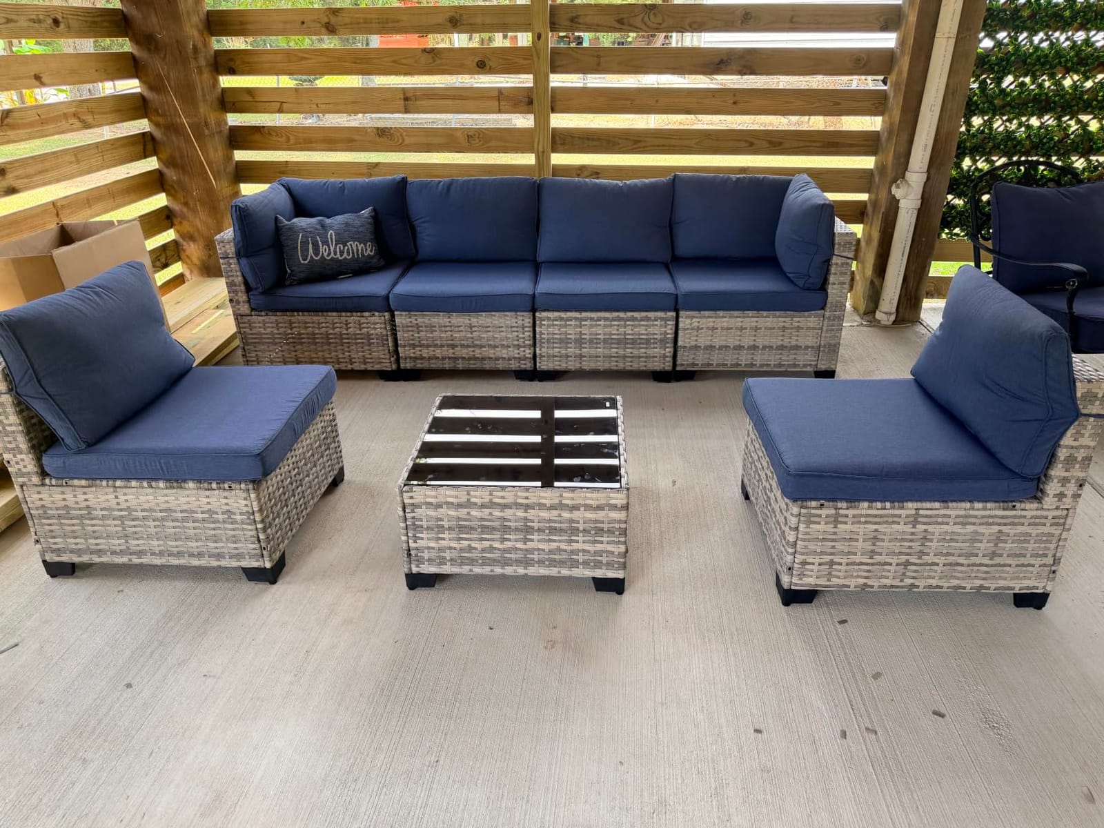 Outdoor PE Wicker Rattan Modular Patio Sectional Sofa Set | 13-Piece: 6 Modular Seats, Coffee Table, 2 Swivel Rocking Chairs, Side Table, 2 Ottomans & 55,000 BTU Fire Pit Table, Grey customer photo 1