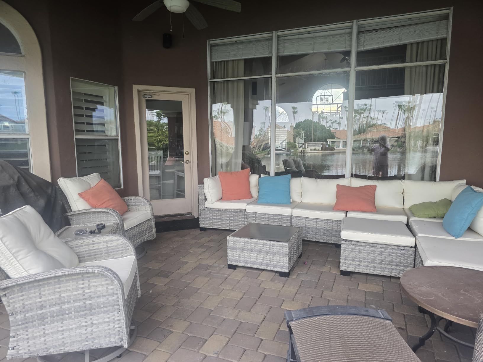 Outdoor PE Wicker Rattan Modular Patio Sectional Sofa Set | 13-Piece: 6 Modular Seats, Coffee Table, 2 Swivel Rocking Chairs, Side Table, 2 Ottomans & 55,000 BTU Fire Pit Table, Grey customer photo 2