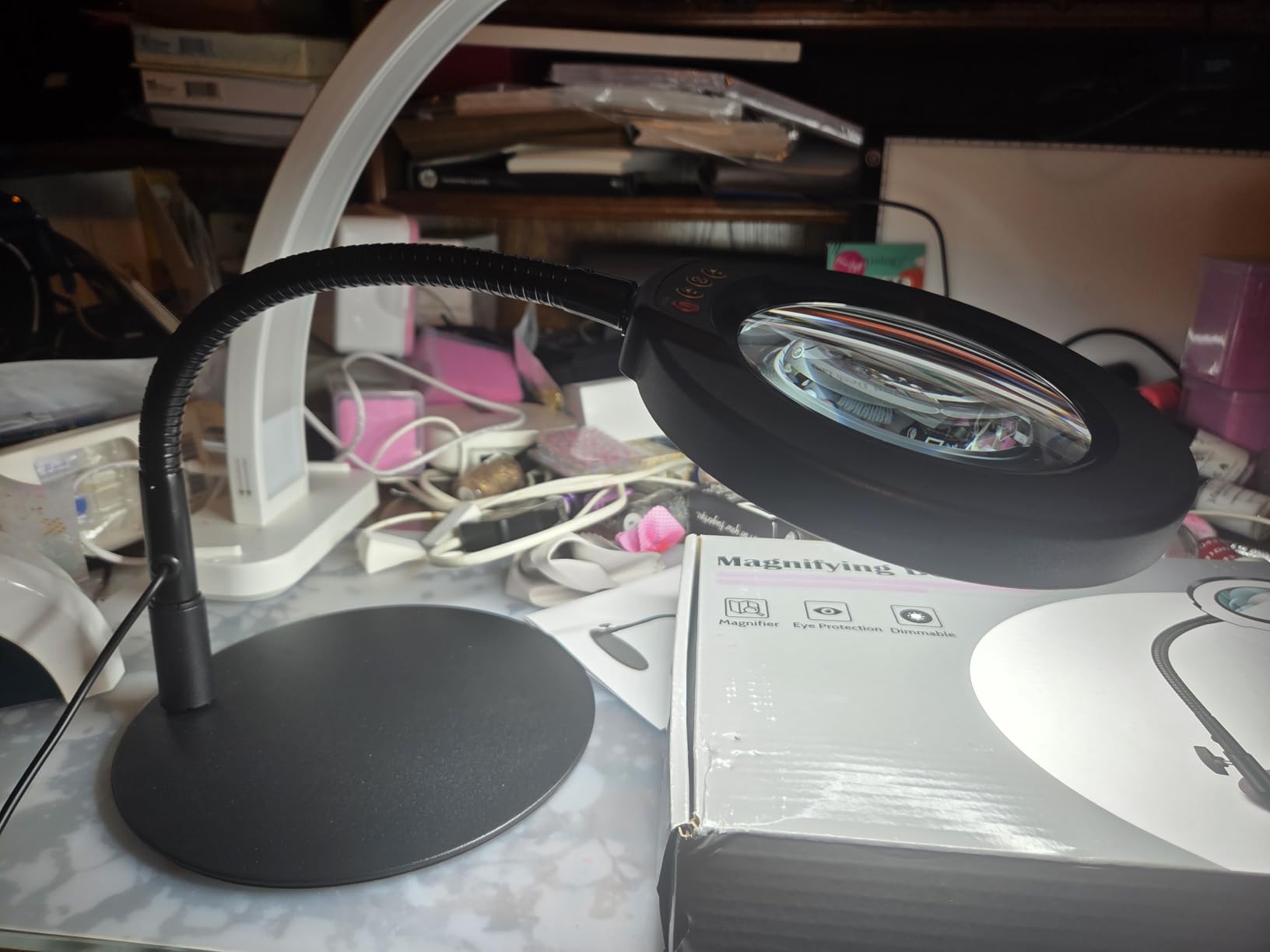 10X Magnifying Glass with Light and Stand, 16.5in Flexible Goose-Neck, 5 Color Modes Stepless Dimmable LED Lighted Desk Lamp, Hands Free Magnifier for Crafting Hobby Painting Close Work - Black customer photo 2