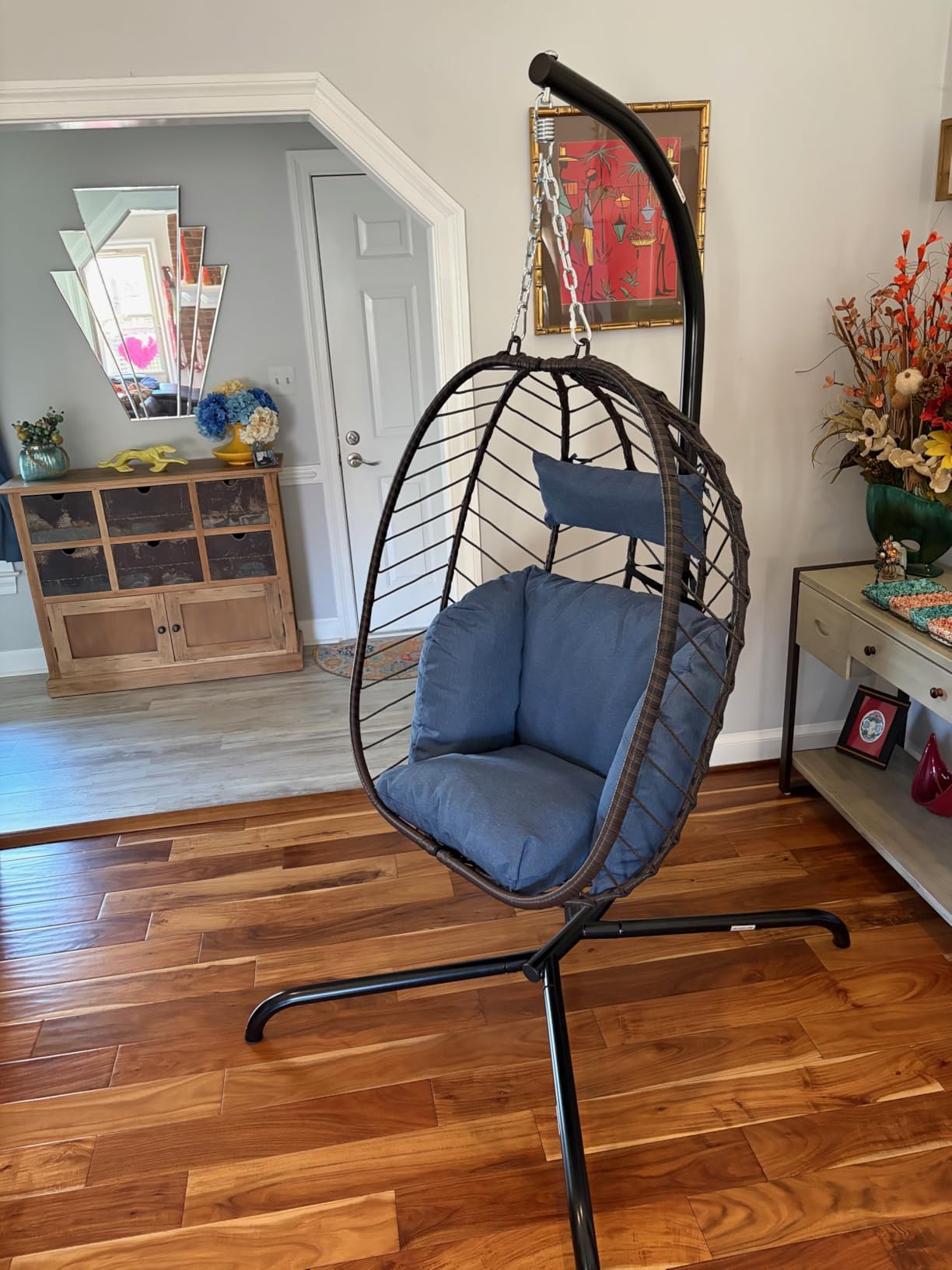 ALAULM Foldable Egg Chair with Stand, 485LBS Capacity Wicker Rattan Hammock Swing Chair for Outdoor & Indoor, Hanging Chair with Strong Frame & UV Resistant Cushion for Balcony, Bedroom, Cream customer photo 1