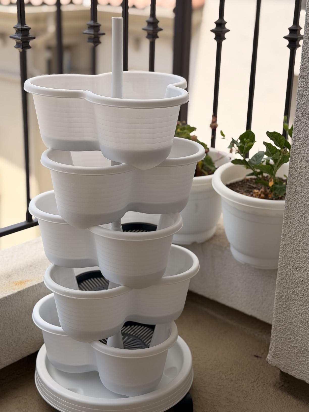 VECELO 7 Tier Vertical Garden Planter, Self Watering Stackable Planters with Wheels for Strawberries, Herbs, Flowers, Vegetables, White customer photo 2