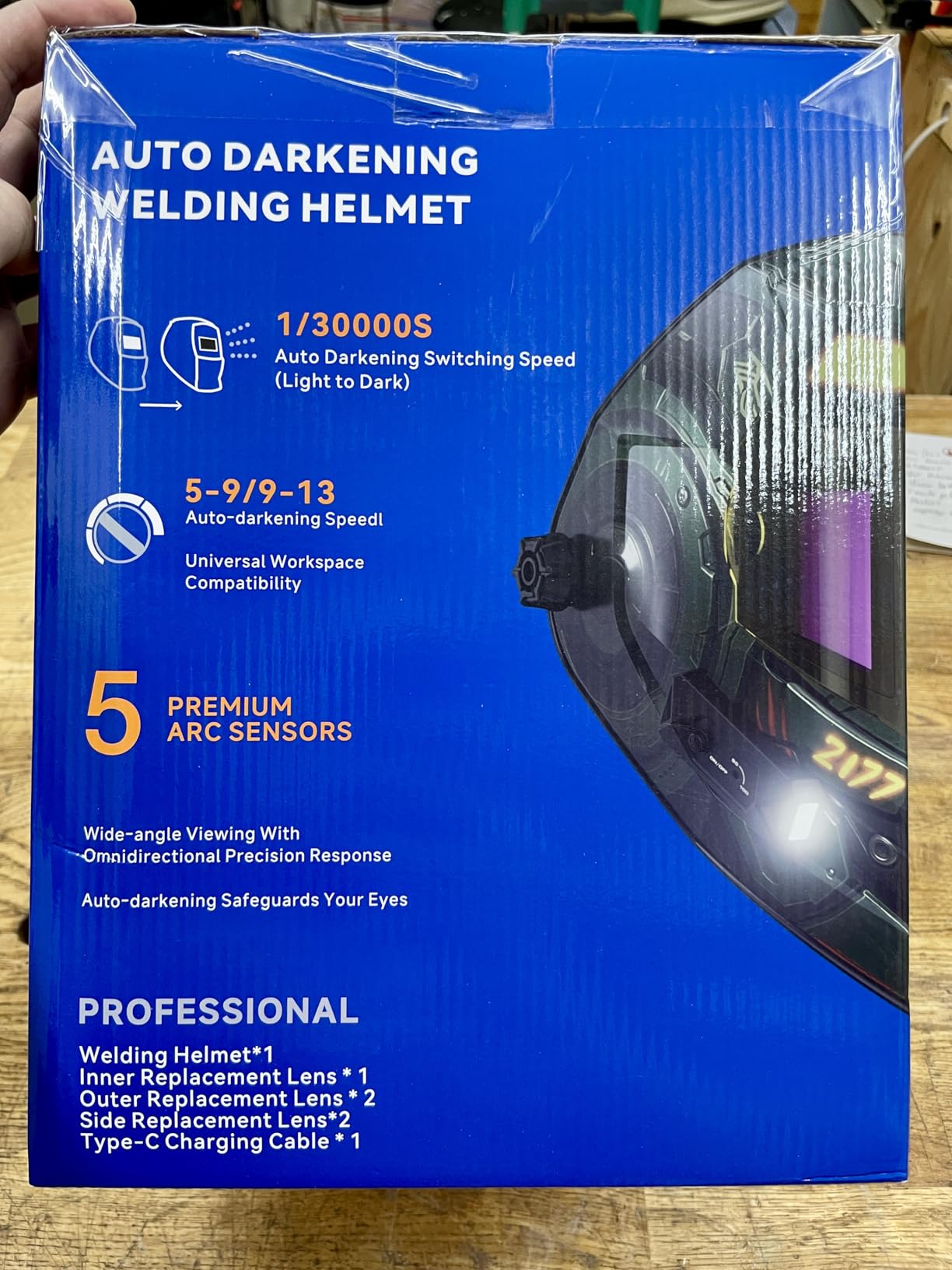 ANDELI Smart Auto-Adjust Welding Helmet with 2 LEDs, 3-Sided Auto Darkening | Motion-Sensor LED, 7.2 x 3.2 in Panoramic View, Digital LCD Control, 1500mAh Rechargeable Battery, 5 Sensors, Memory/Gradient customer photo 1