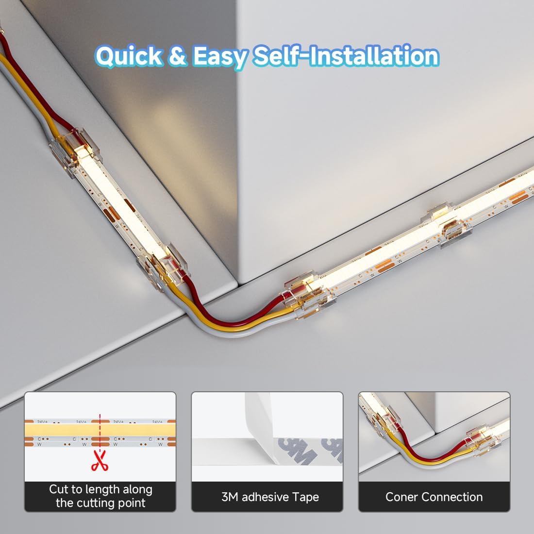 BTF-LIGHTING COB FCOB Dimmable CCT LED Strip Kit DC24V,UL Listed,16.4FT | 8mm wide,No Voltage Drop,Tunable 2700K-6500K with RF Remote,CRI 90+ High Density COB Tape for Bedroom Kitchen Under Cabinet customer photo 1