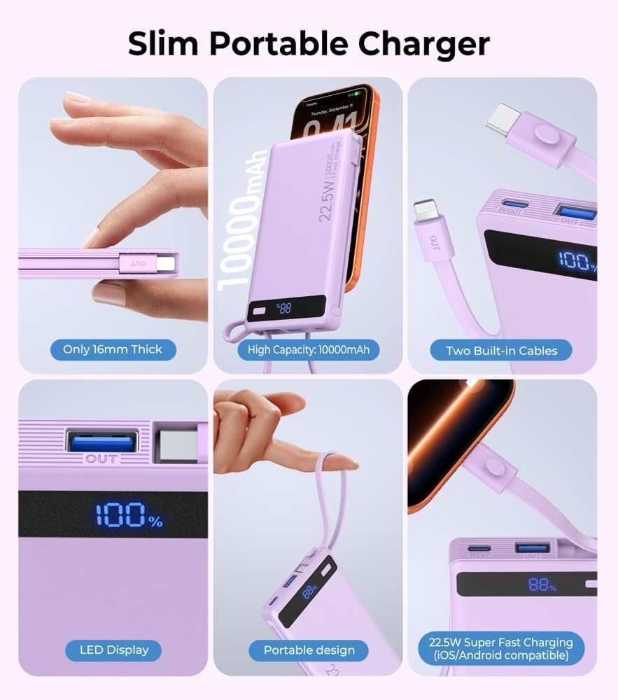 10000mAh Power Bank Built-in 2 Cables, 40% Thinner 22.5W PD Portable Charger customer photo 1