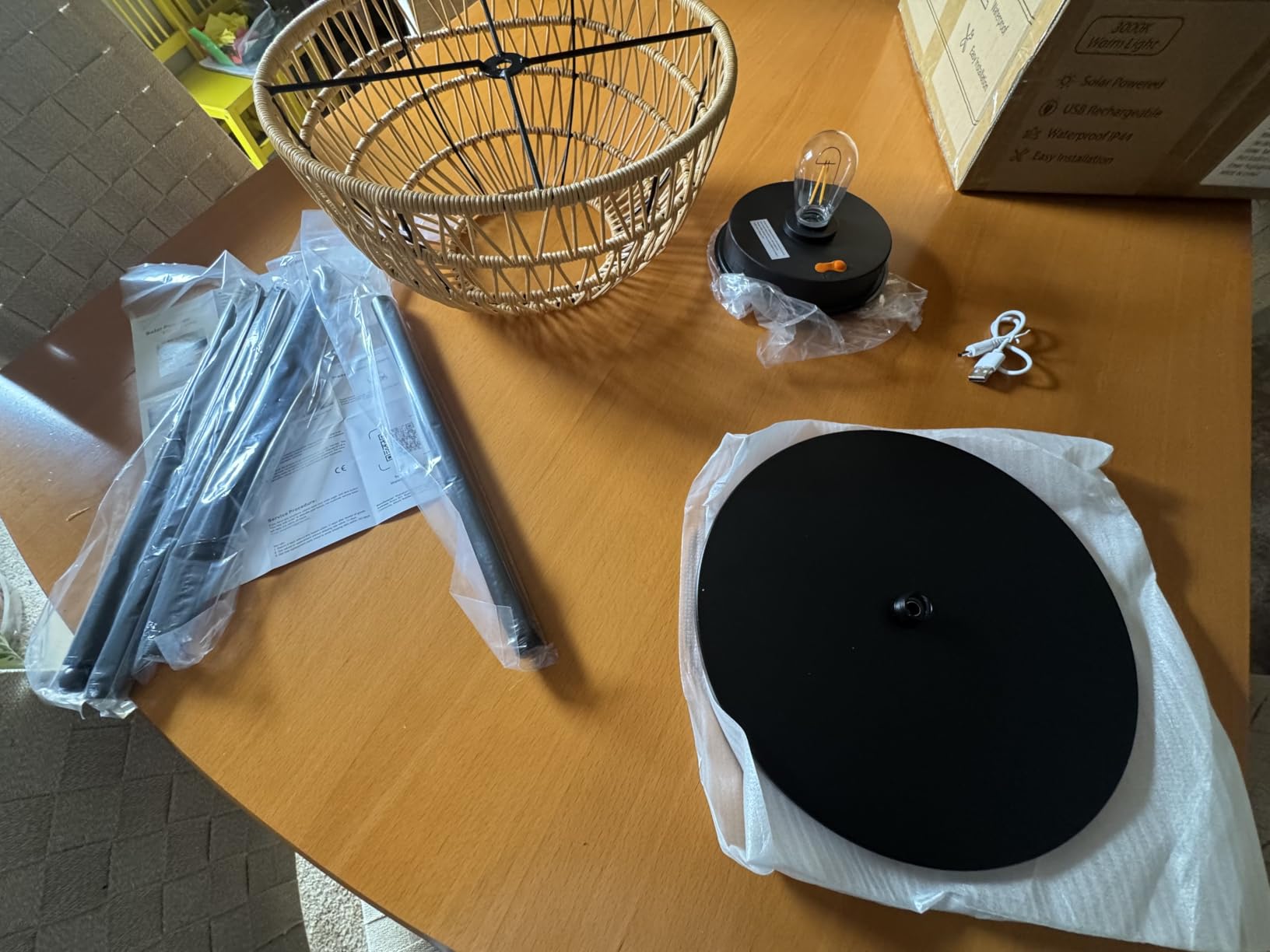 Solar Outdoor Floor Lamp with Rattan Shade, Solar & USB Rechargeable 54.5
