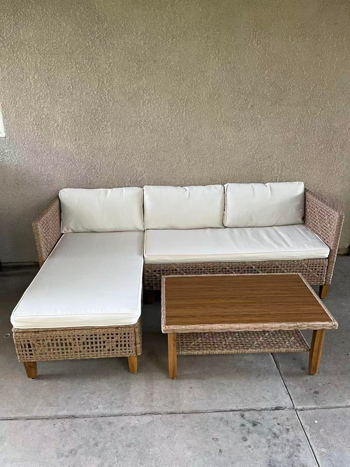 MFSTUDIO Small Wicker Patio Furniture Set, L Shaped Outdoor Couch, Beige | 4 Seats Rattan Patio Sofa Set with Wood Coffee Table for Backyard customer photo 1