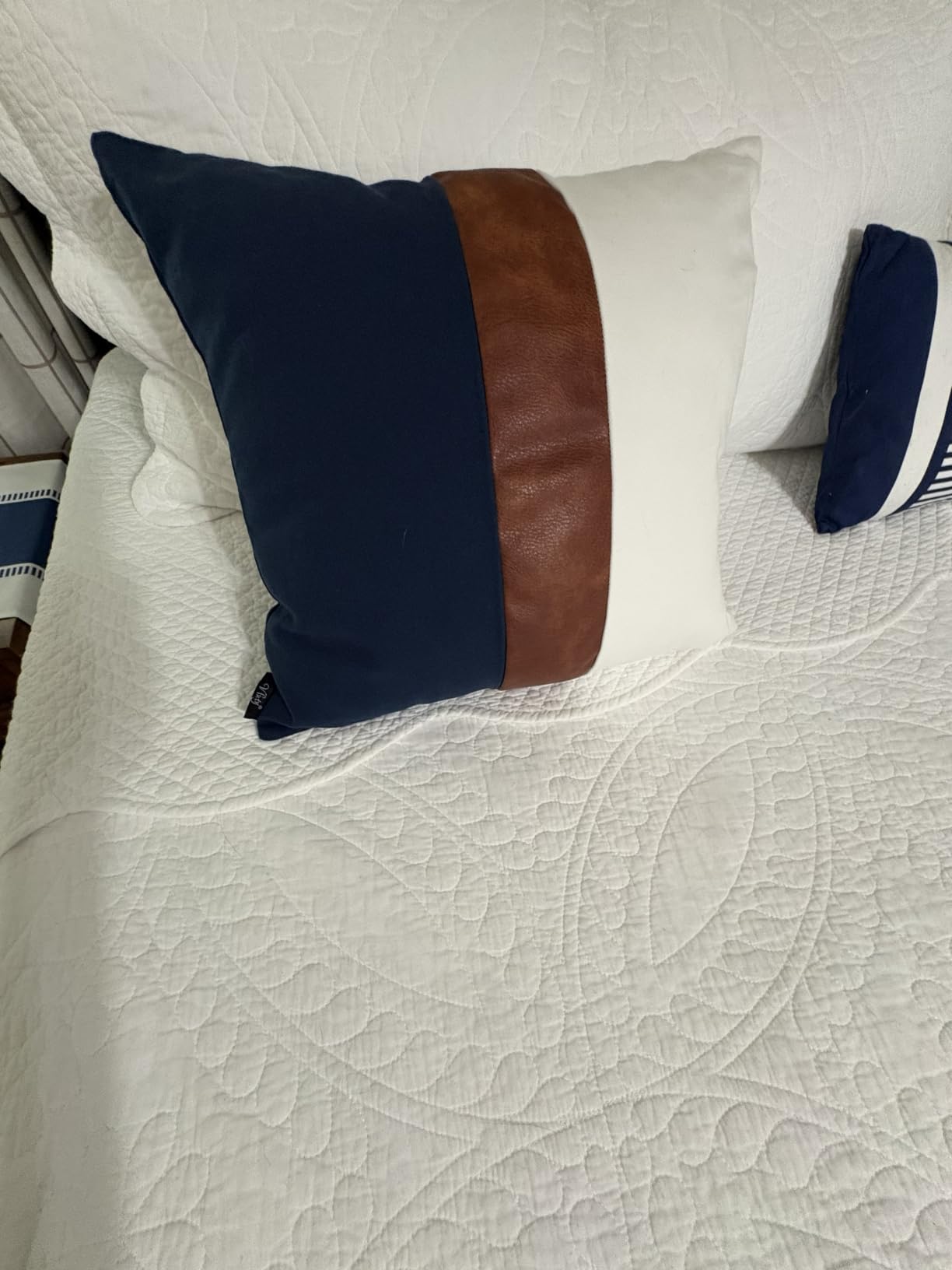14x36 Lumbar Pillow Cover, Navy Blue Stripe and Brown Faux Leather Color Block Long Throw Pillow Case for Couch Bed Sofa, Farmhouse Modern Decorative Body Cushion Cover for Covered Porch customer photo 2