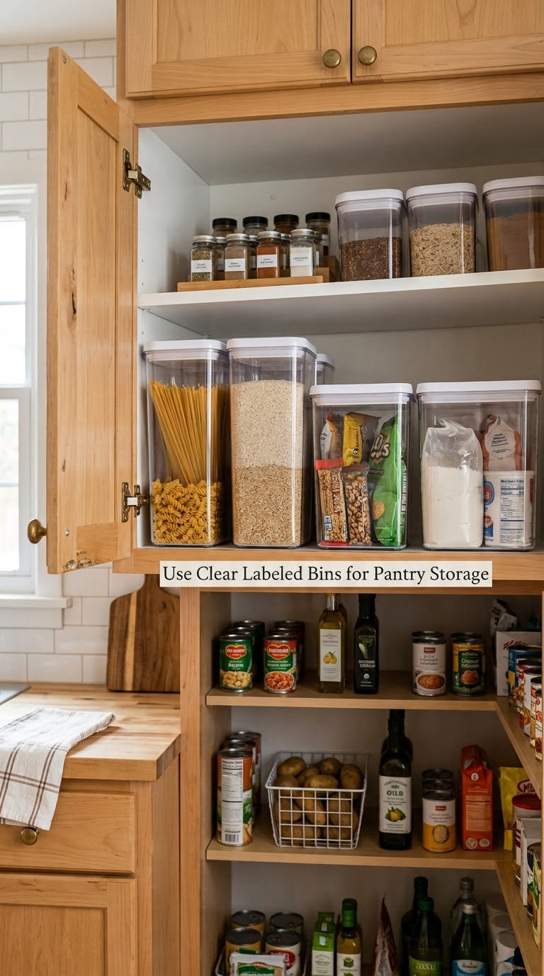 Use Clear Labeled Bins for Pantry Storage