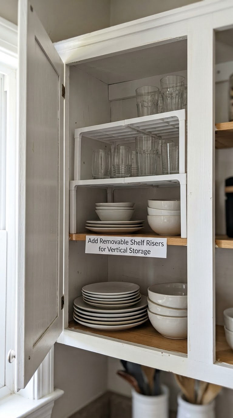 Add Removable Shelf Risers for Vertical Storage