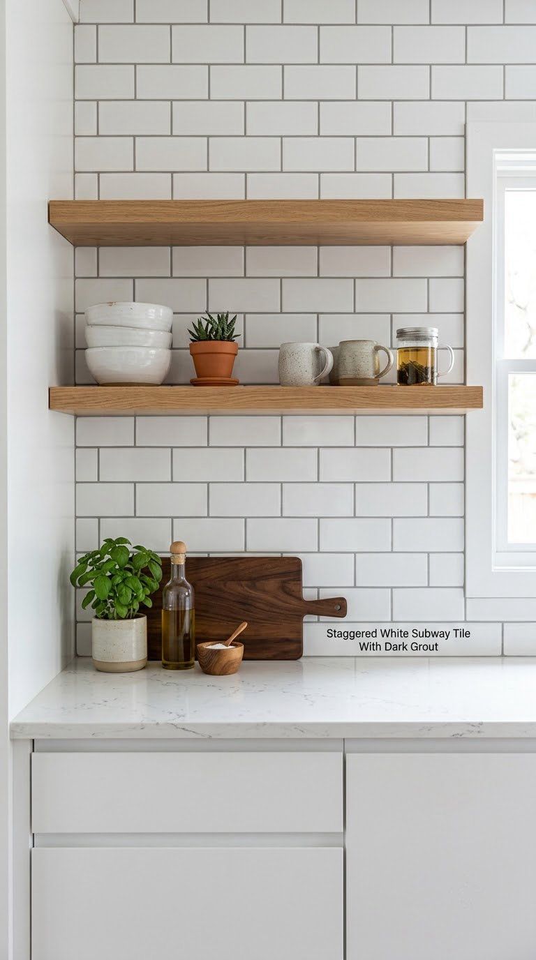 Staggered White Subway Tile With Dark Grout