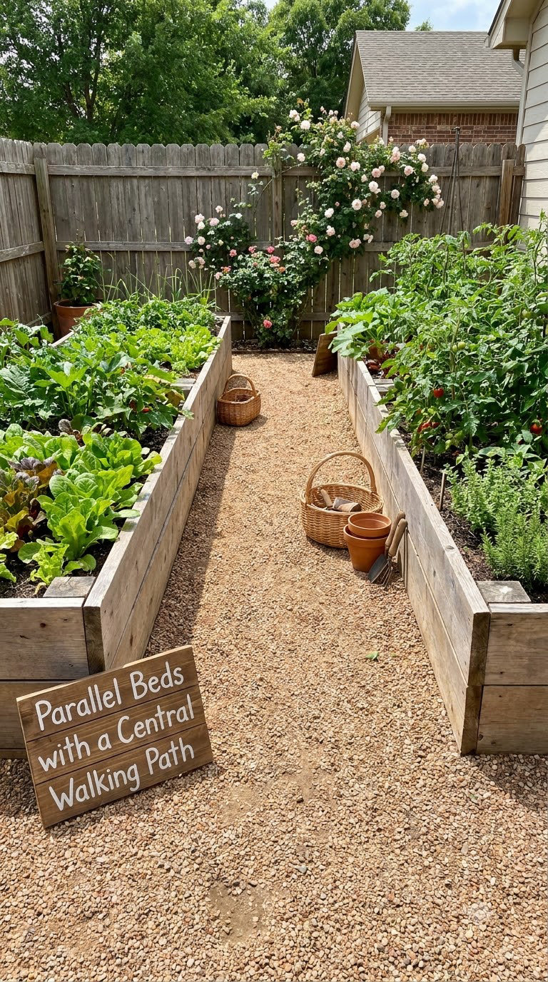 Parallel Beds with a Central Walking Path