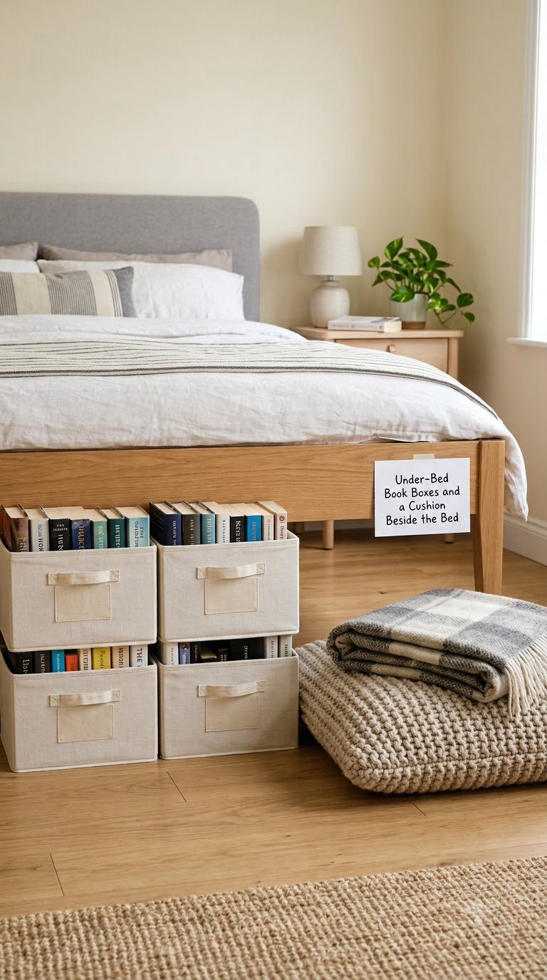 Under-Bed Book Boxes and a Cushion Beside the Bed