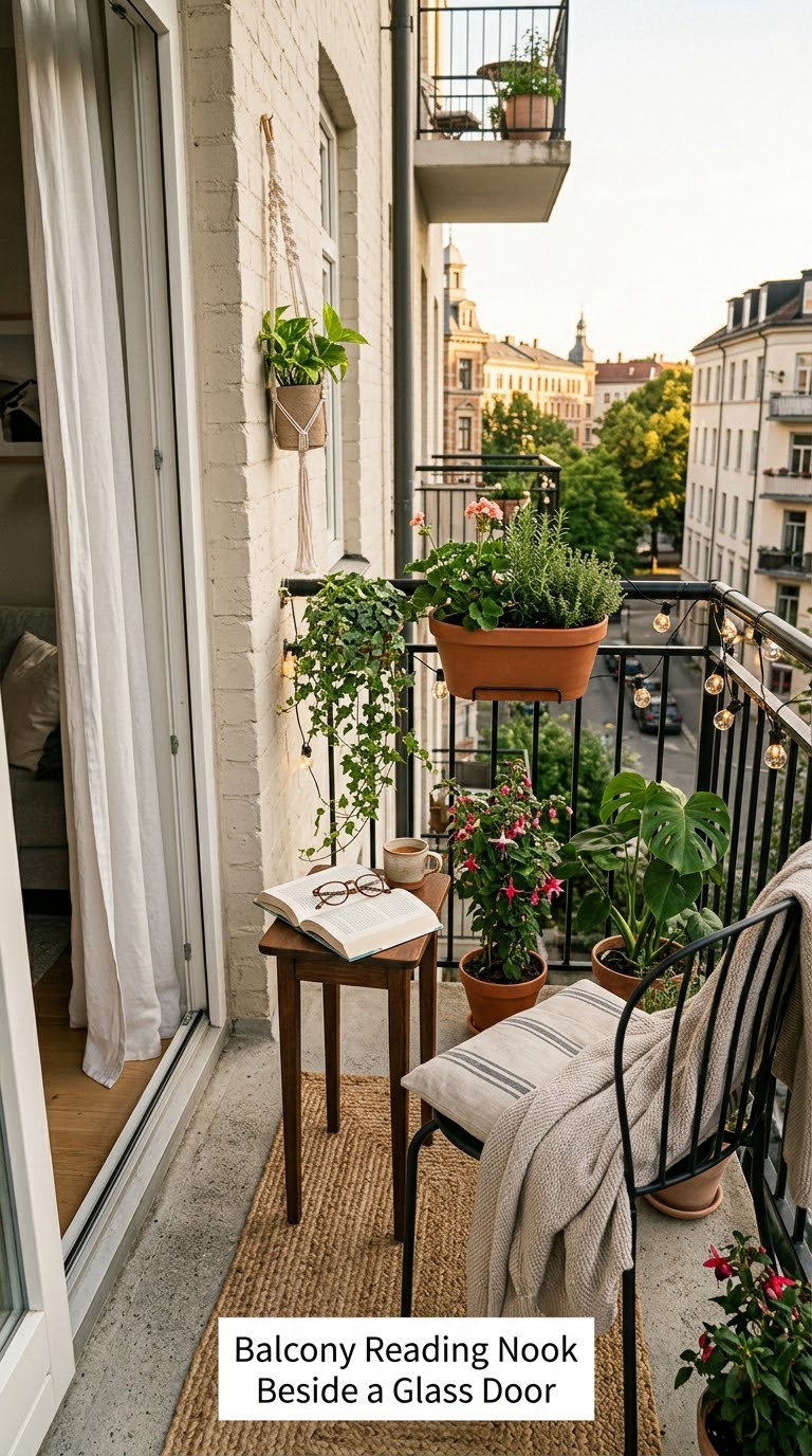 Balcony Reading Nook Beside a Glass Door