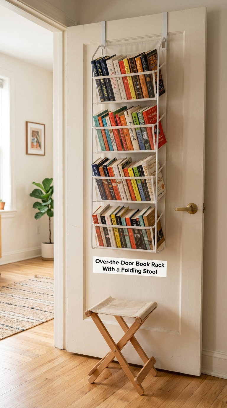 Over-the-Door Book Rack With a Folding Stool