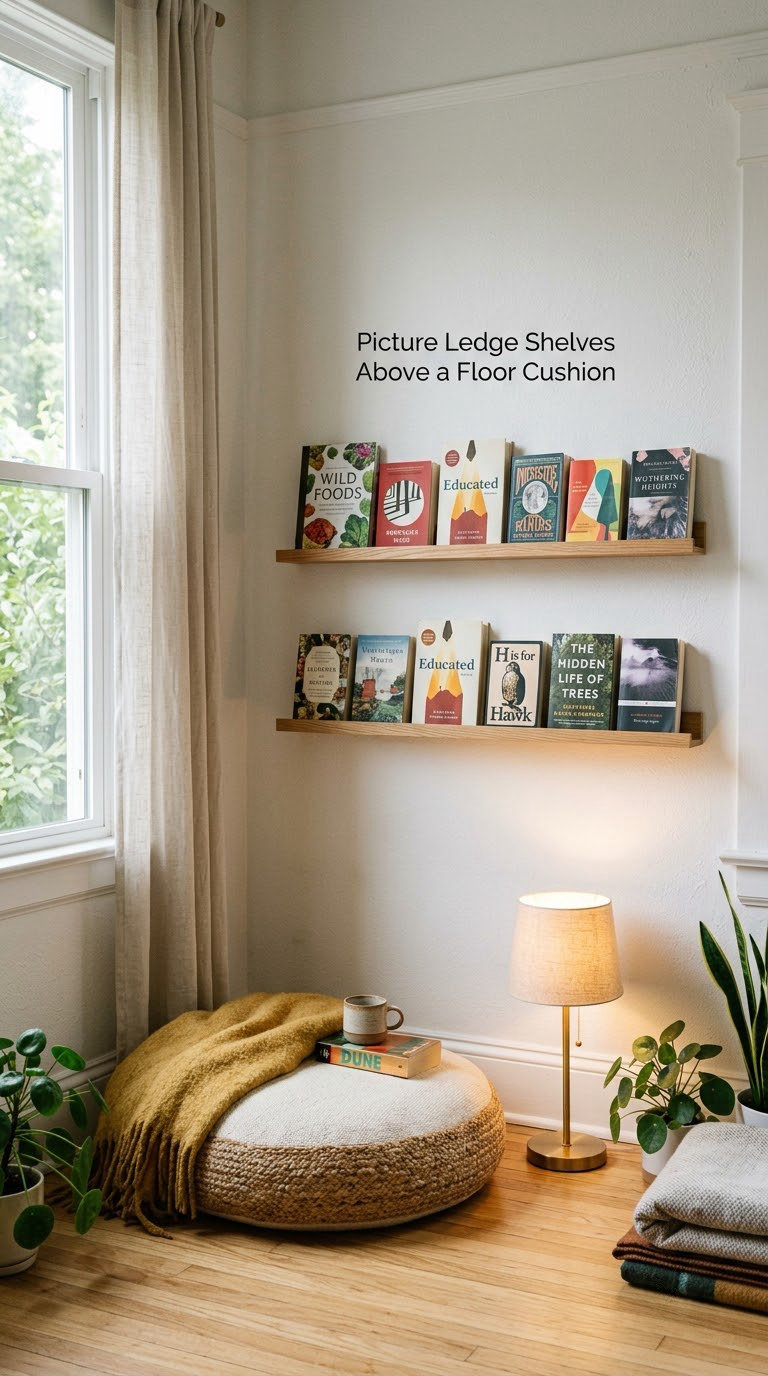 Picture Ledge Shelves Above a Floor Cushion
