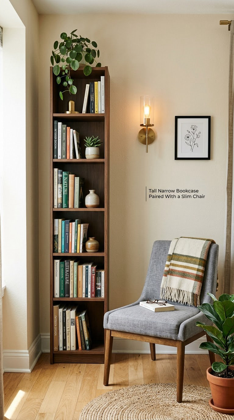 Tall Narrow Bookcase Paired With a Slim Chair