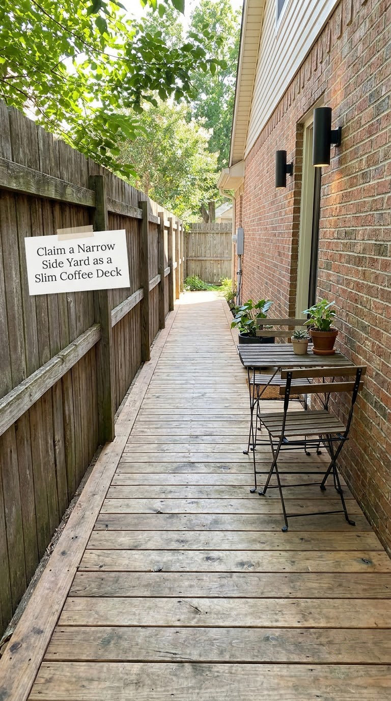 Claim a Narrow Side Yard as a Slim Coffee Deck