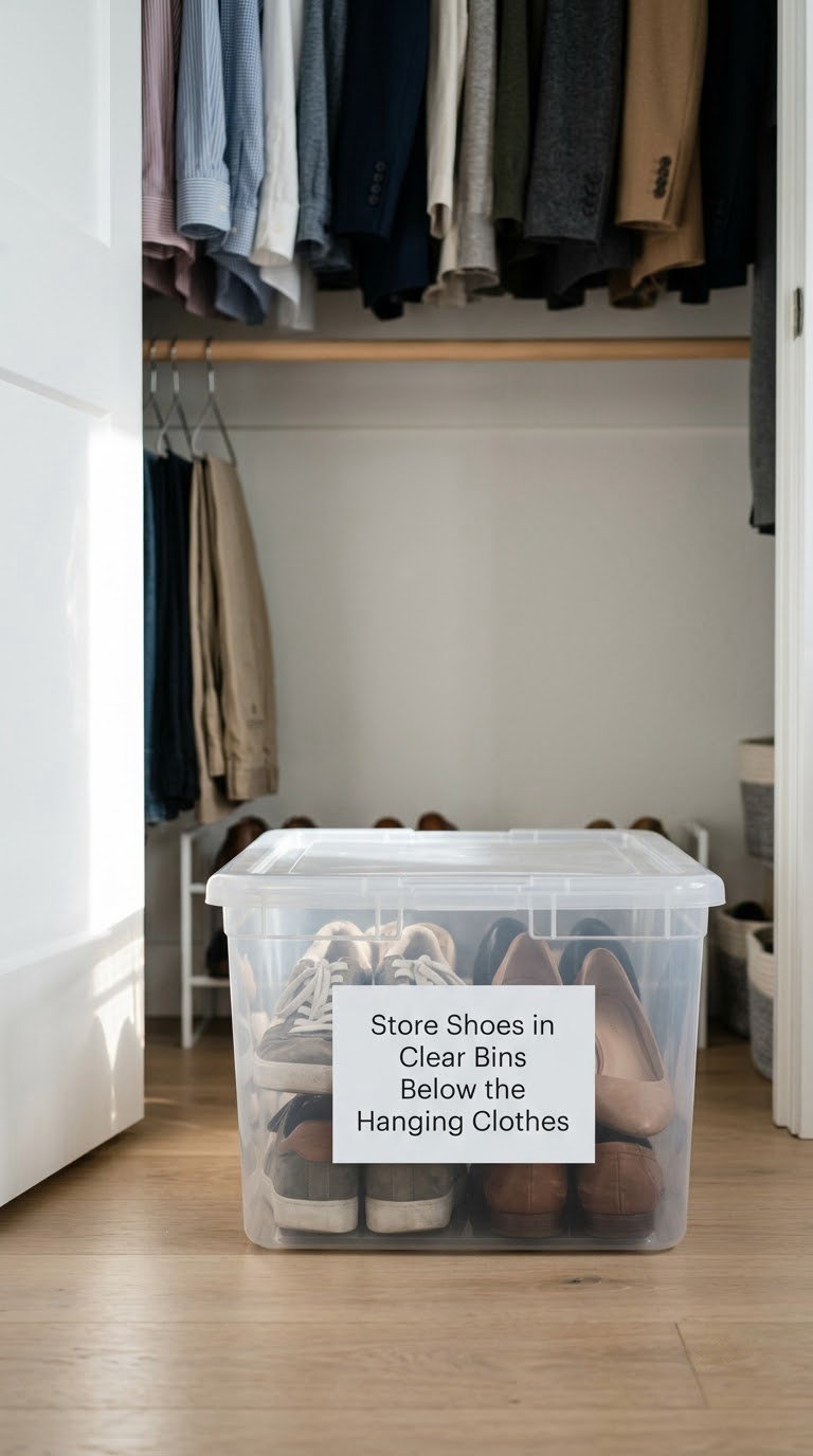 Store Shoes in Clear Bins Below the Hanging Clothes