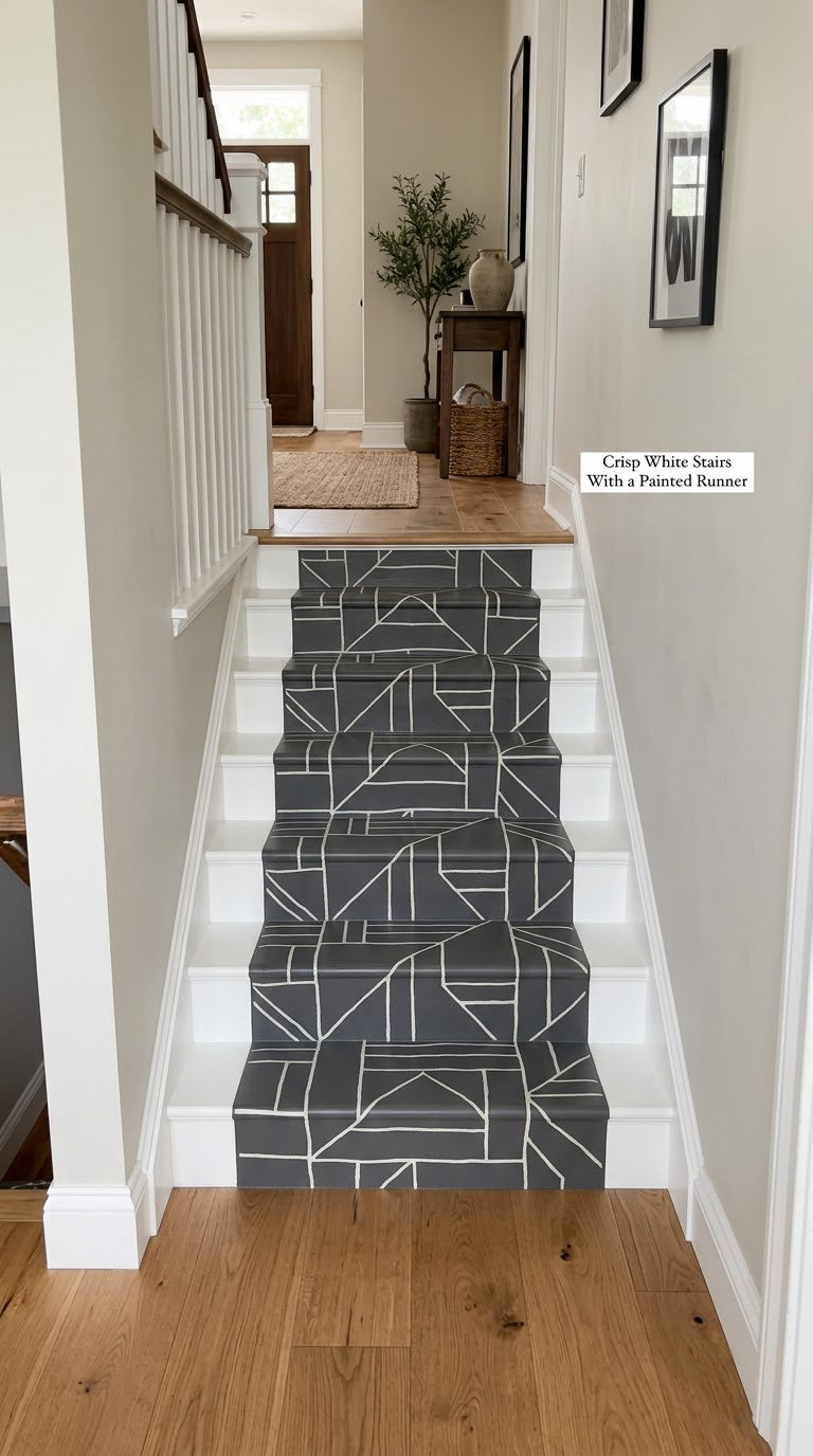 Crisp White Stairs With a Painted Runner
