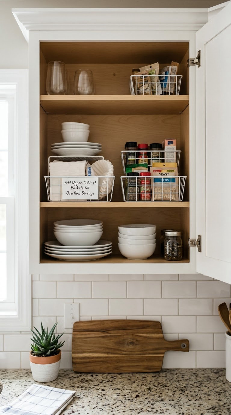 Add Upper-Cabinet Baskets for Overflow Storage
